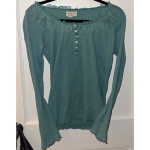 aquamarine blue button up ruffle trim long sleeveve blouse top